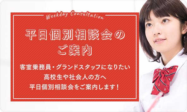 平日個別相談会のご案内。客室乗務員・グランドスタッフになりたい高校生や社会人の方へ平日個別相談会をご案内します！